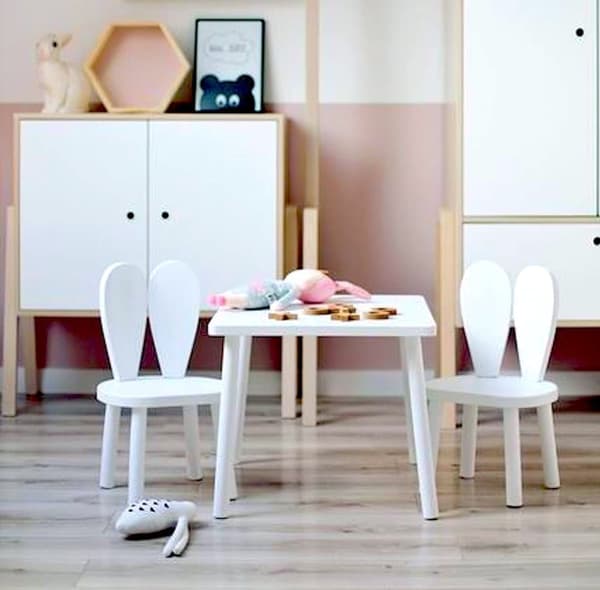 Barnbord och stol i trä - Montessori aktivitetsbord med kaninstol - Nordic design EN71 certifierat barnmöbler