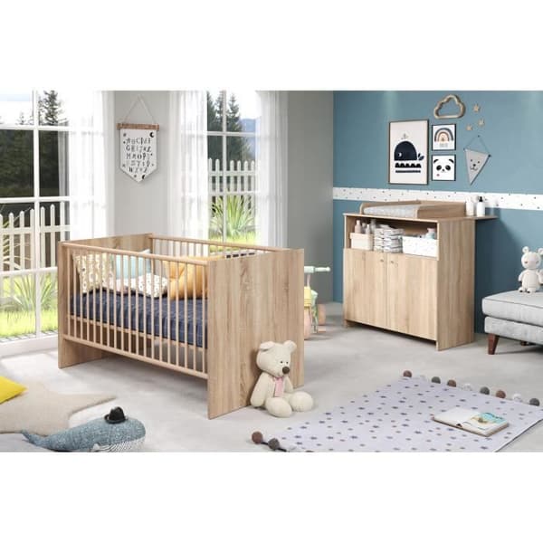 NIKO duo babyrum - 70x140 cm säng + 2-dörrars skötbord - Naturlig ekdekor - TRENDTEAM