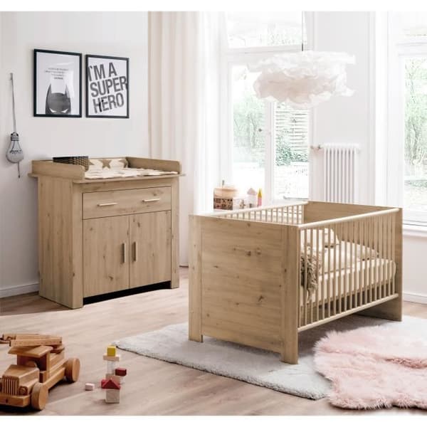 Babyrum Duo: Säng 70 x 140 cm + Omklädningsbyrå AHOI - Ek - TREND TEAM