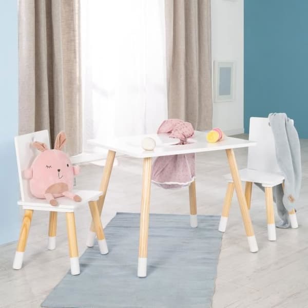ROBA Sittset - Vita trästolar och bord + förvaringsnät - 3 delar - ben i massivt trä
