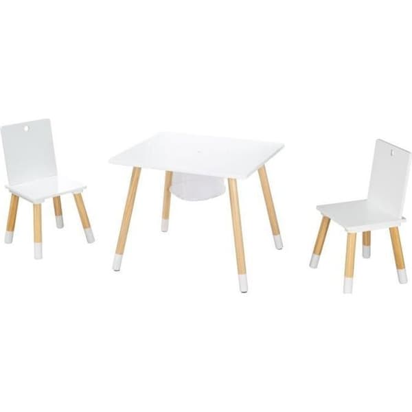 ROBA Sittset - Vita trästolar och bord + förvaringsnät - 3 delar - ben i massivt trä