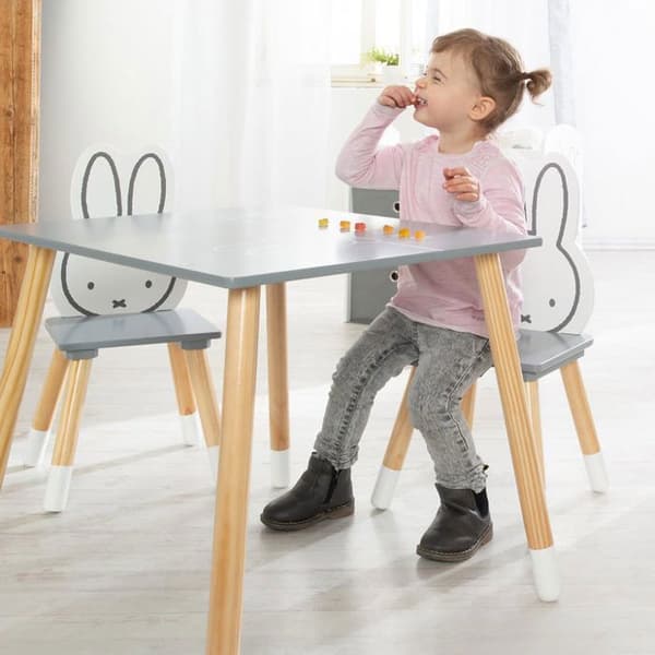 ROBA Bordsset + 2 barnstolar - miffy® - Kaninmönster - Lek- och lärbord - Grå / Vit