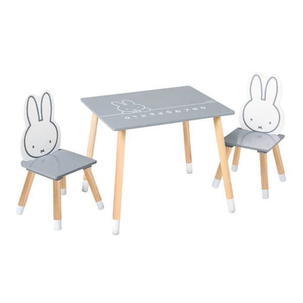 ROBA Bordsset + 2 barnstolar - miffy® - Kaninmönster - Lek- och lärbord - Grå / Vit