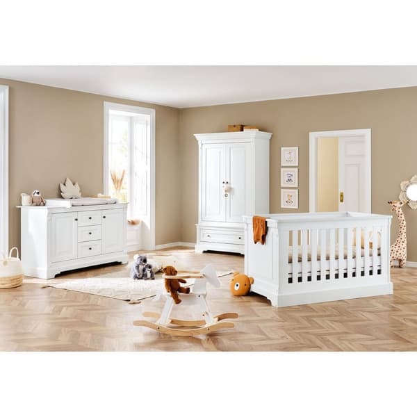 Rootz Nursery 'Emilia' 3-osainen setti - Pinnasänky - Vaatekaappi - Erittäin leveä vaihtotasku - Monipuolinen muotoilu - Pinnasänky 151x81x88cm, Vaate