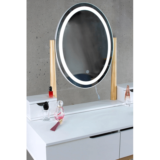 Sminkbord Med Spegel - Ljus Och Pall - 80X40X142Cm - Vit