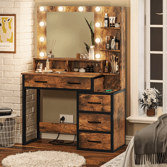 Toiletbord - Med Spejl Og Lys - 92X40X143,5 Cm - Industrielt