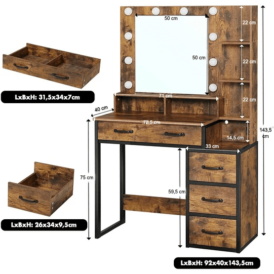 Toiletbord - Med Spejl Og Lys - 92X40X143,5 Cm - Industrielt
