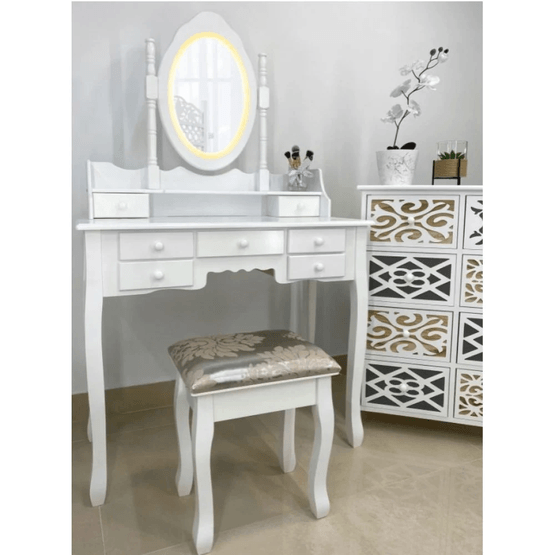 Sminkbord - Med Spegel, Ljus Och Pall - 90X40X146 Cm - Vit