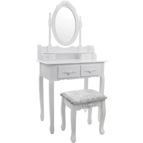 Toiletbord Hvid - Med Spejl Og Taburet - Træ - 75X40X147 Cm