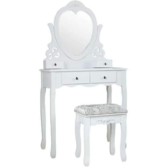 Toiletbord - med hjerteformet spejl og skammel - 50X30X136Cm - Hvid