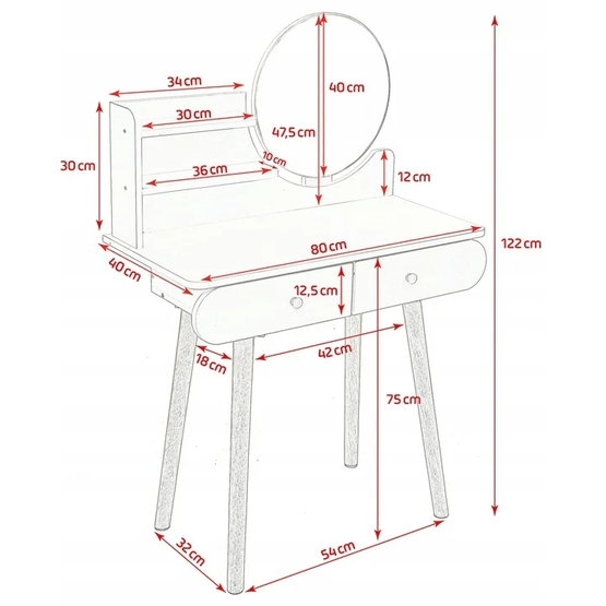 Toiletbord - Rundt spejl - Toiletbord - 80X40X122 Cm - Hvid