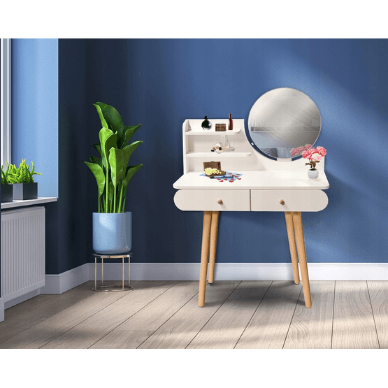 Toiletbord - Rundt spejl - Toiletbord - 80X40X122 Cm - Hvid
