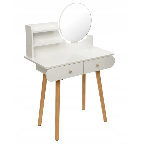 Toiletbord - Rundt spejl - Toiletbord - 80X40X122 Cm - Hvid