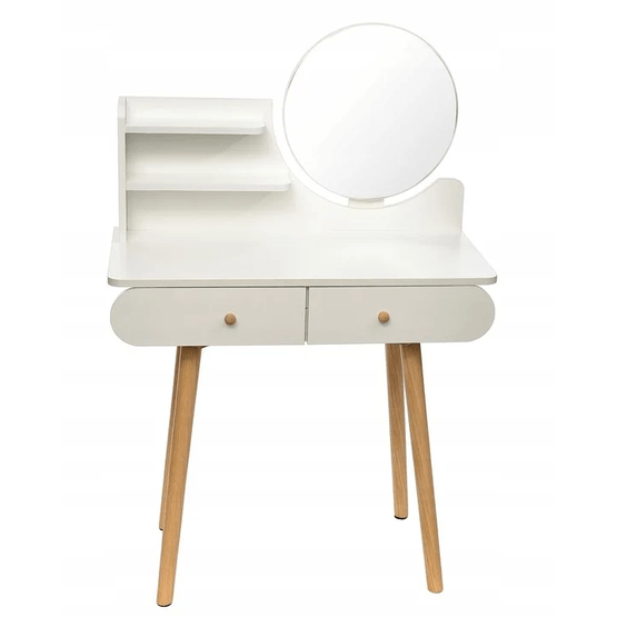 Toiletbord - Rundt spejl - Toiletbord - 80X40X122 Cm - Hvid