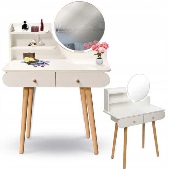 Toiletbord - Rundt spejl - Toiletbord - 80X40X122 Cm - Hvid