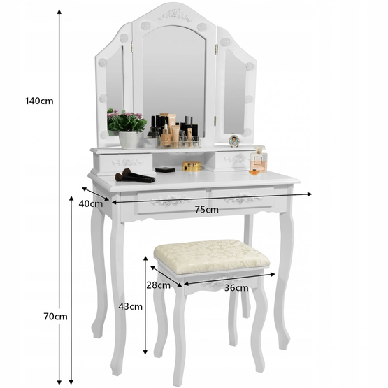Sminkbord - Med Spegel - Ljus Och Pall - 75X40X140 Cm - Vit