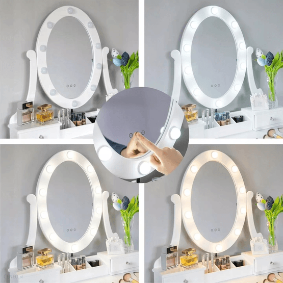 Sminkebord af træ Hvid - Med LED-belyst spejl - Med tilhørende skammel - 80X40X137 Cm