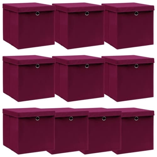 Förvaringslådor med lock 10 st mörkröd 32x32x32 cm tyg