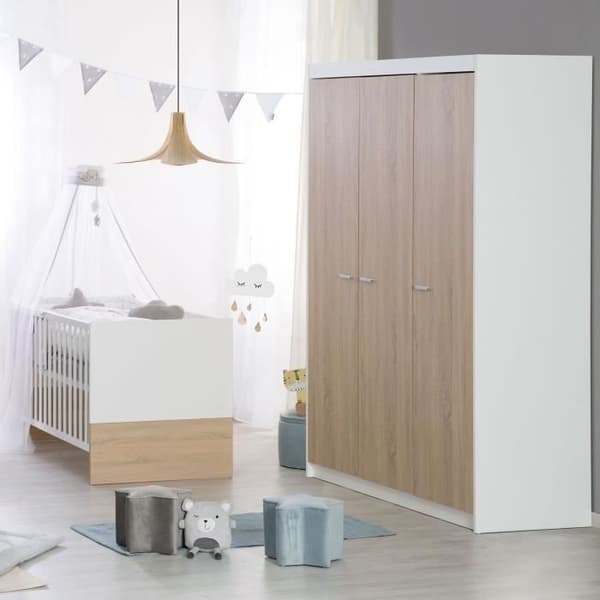 Komplett babyrum - Växande säng 70 X 140 cm + Skötbord + 3-dörrars garderob - ROBA - Bicolor vit / ljust ek dekoration