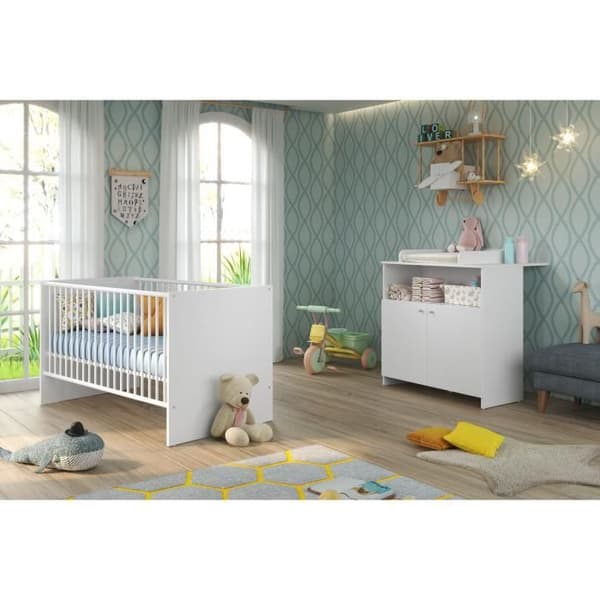 Duo babyrum: Säng 70 x 140 cm + NIKO omklädningsbyrå - Vit - TREND TEAM