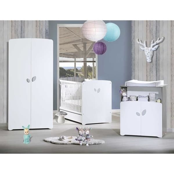 Chambre baby trio Leaf: säng 120x60, skötbord och garderob - Babyprice - Vit