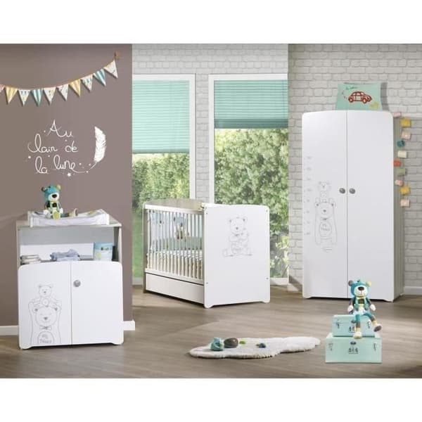 Babyutrymme Trio Teddy: säng 120x60, skötbord och garderob - Babyprice - Vit