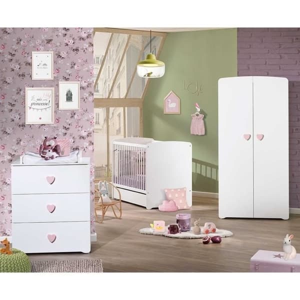 Bebisäng trio Basic hjärta: säng 120x60, skötbord och garderob - Babyprice - Vit