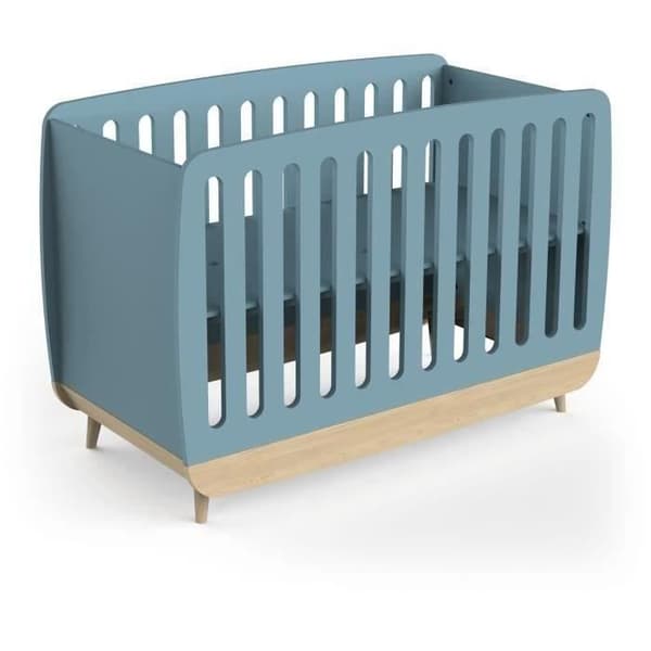 Sängset för bebis 60 x 120, byrå med 2 lådor + 3 hyllor och 1 skötbord - FIRMIANA - Skandinavisk - Blå åskträ - DEMEYERE