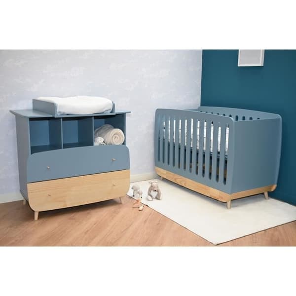 Sängset för bebis 60 x 120, byrå med 2 lådor + 3 hyllor och 1 skötbord - FIRMIANA - Skandinavisk - Blå åskträ - DEMEYERE
