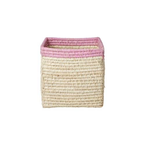 Rice - Raffia Basket without Handles in Nature with Soft Pink Border - 20 cm x 20 cm x 20 cm - natural with soft pink border