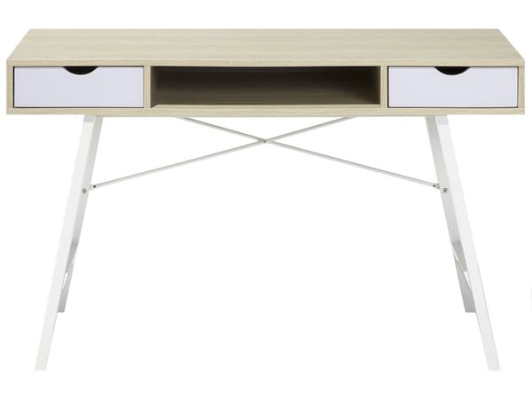 Työpöytä vaalea puu 109 x 77 x 46 cm MDF teräs hylly 2 laatikkoa lattiasuoja teollinen