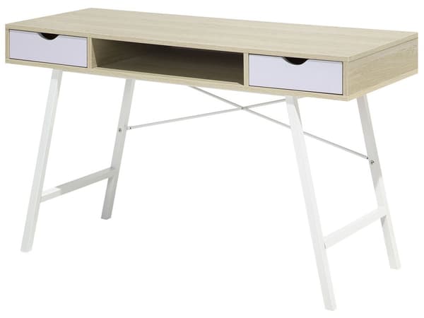 Työpöytä vaalea puu 109 x 77 x 46 cm MDF teräs hylly 2 laatikkoa lattiasuoja teollinen
