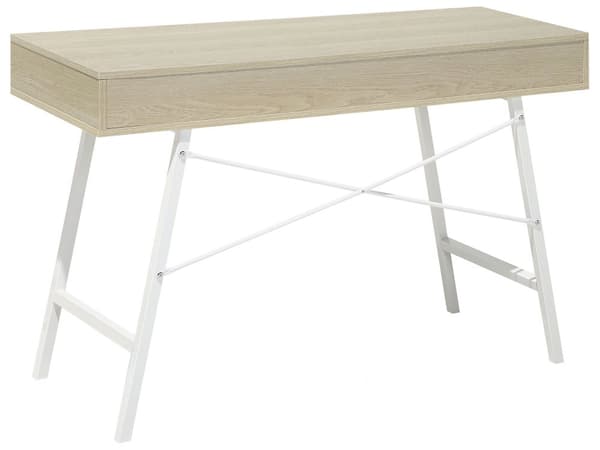 Työpöytä vaalea puu 109 x 77 x 46 cm MDF teräs hylly 2 laatikkoa lattiasuoja teollinen