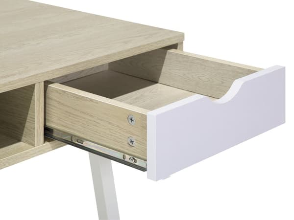 Työpöytä vaalea puu 109 x 77 x 46 cm MDF teräs hylly 2 laatikkoa lattiasuoja teollinen