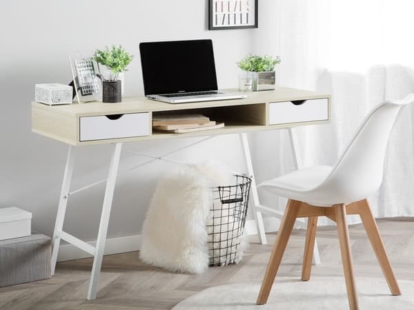 Työpöytä vaalea puu 109 x 77 x 46 cm MDF teräs hylly 2 laatikkoa lattiasuoja teollinen