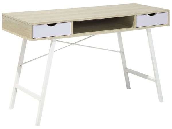 Työpöytä vaalea puu 109 x 77 x 46 cm MDF teräs hylly 2 laatikkoa lattiasuoja teollinen