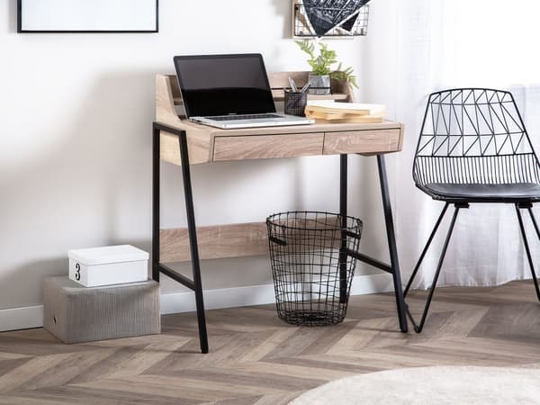 Skrivebord Lyst Træ og Sort Metal 77 x 46 cm Hylde Skuffe Opbevaringsplads Skandinavisk til Computer Skole Tilbehør Pige Drenge Værelse Dekor