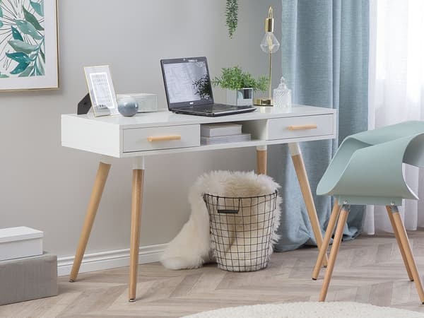 Skrivbord Vit 120 x 45 cm 2 Lådor Hylla Solitt Träben Skandinavisk