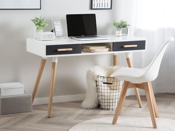 Skrivebord Hvid Grå 120 x 45 cm 2 Skuffer Hylde Massivt træ Ben Moderne