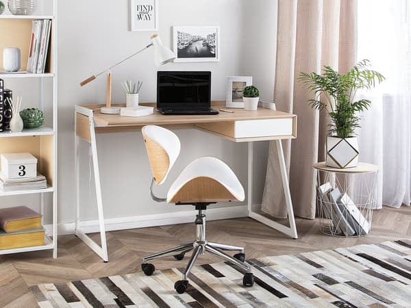Työpöytä vaalea puu valkoinen 120 x 60 cm MDF-levy metalli laatikolla skandinaavinen