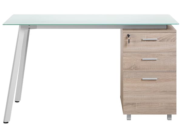 Skrivbord Ljus Träfaner 130 x 60 cm Glas Bordsskiva 3-låsbara Lådor med nyckel