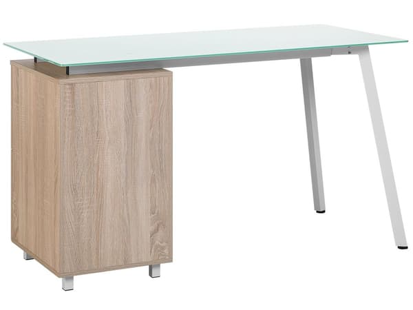 Skrivbord Ljus Träfaner 130 x 60 cm Glas Bordsskiva 3-låsbara Lådor med nyckel