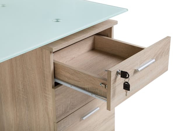 Skrivbord Ljus Träfaner 130 x 60 cm Glas Bordsskiva 3-låsbara Lådor med nyckel