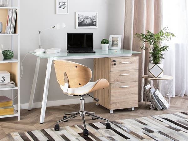 Skrivbord Ljus Träfaner 130 x 60 cm Glas Bordsskiva 3-låsbara Lådor med nyckel