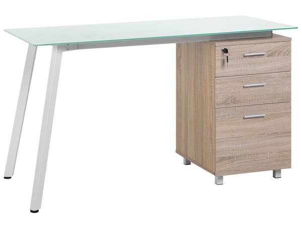 Skrivbord Ljus Träfaner 130 x 60 cm Glas Bordsskiva 3-låsbara Lådor med nyckel