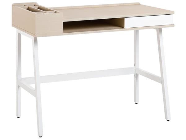 Skrivebord Lys Træfiner Bordplade 100 x 55 cm Hvid Metalramme med Skuffe