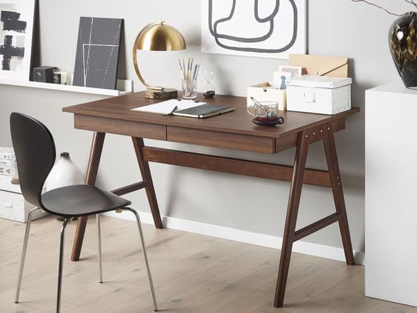 Työpöytä tumma puu MDF-levy tammijalat 120 x 70 x 76 cm laatikoilla skandinaavinen moderni tyyli