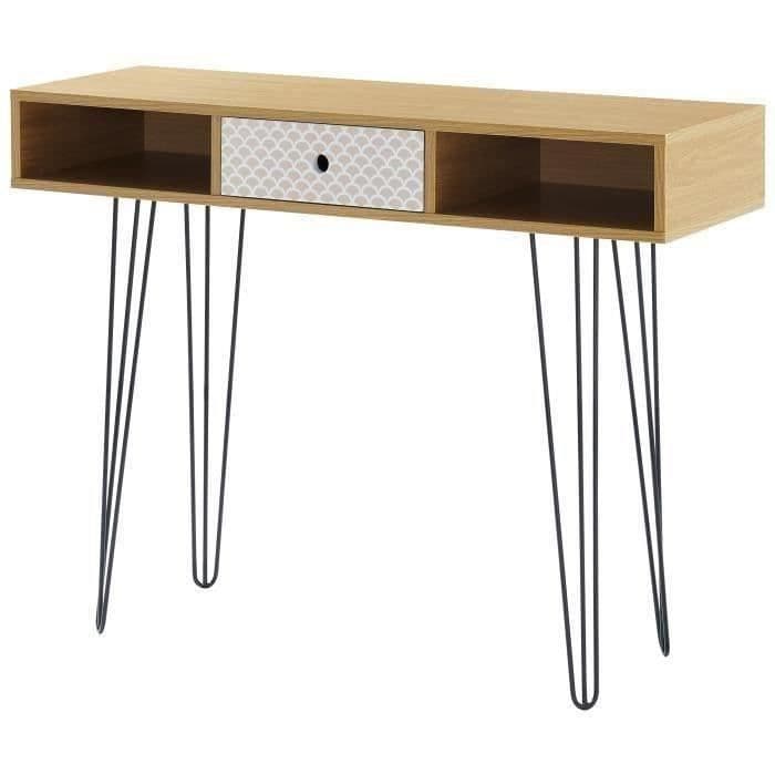 COLETTE Vintage konsolbord med ekdekor och beige tryck + ben i svartlackerad metall - L 100 cm