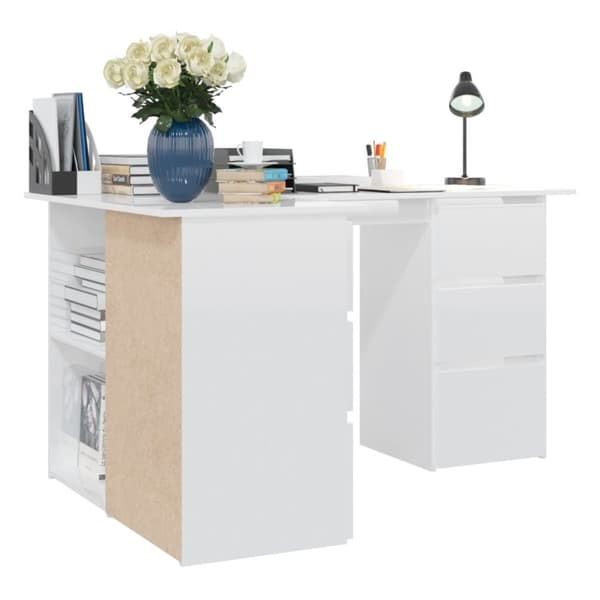 vidaXL skrivebord til hjørne145x100x76cm konstrueret træ hvid højglans