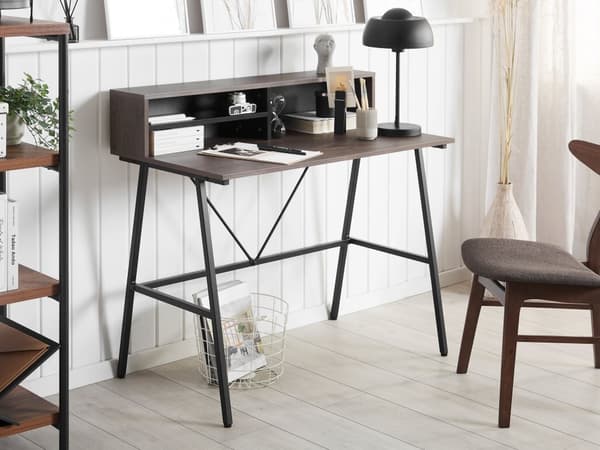 Työpöytä tumma puu/musta 100 x 50 cm metalli runko 3 avohyllyä industriaalinen tyyli